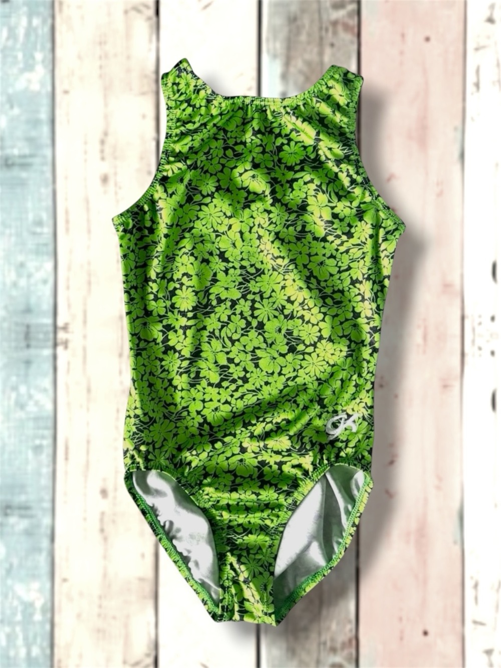 GK Elite Legacy Floral Foil Leotard – Child Large – Classic Metallic Shimmer